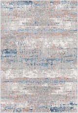 Close-up of the McCracken Area Rug. Contemporary design in white, gray, blue, and rust colors. Abstract pattern. Design-Rectangle-5377
