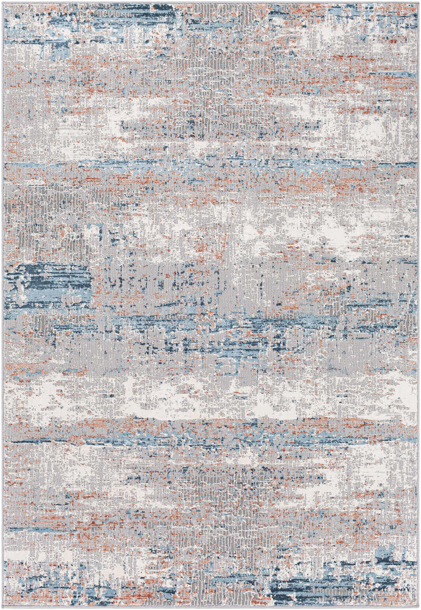 Close-up of the McCracken Area Rug. Contemporary design in white, gray, blue, and rust colors. Abstract pattern. Design-Rectangle-5377