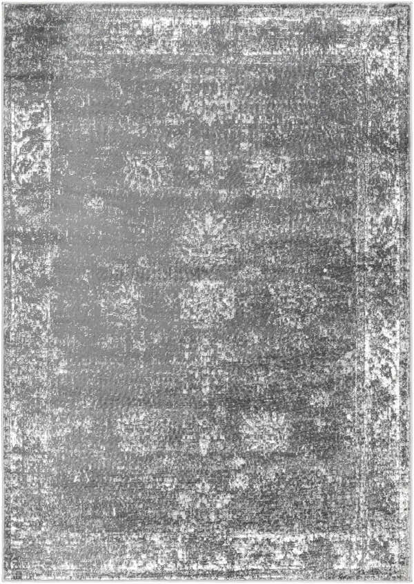 Close-up of the Michi Area Rug featuring a traditional gray and silver distressed pattern. Machine woven polypropylene. Design-Rectangle-5373