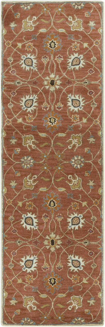 Close-up of the Logville Hand Tufted Rust 1119 Wool Rug. Features a traditional floral pattern in rust, ivory, and blue tones. Design-Runner-268