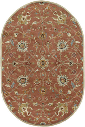 Oval Logville Hand Tufted Rust 1119 Wool Rug with a traditional floral pattern in rust, ivory, blue, and brown tones. Design-Oval-69
