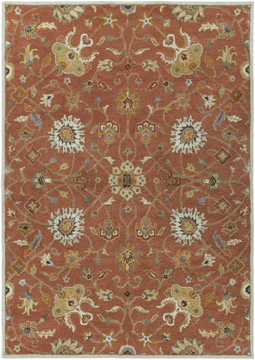 Detailed floral pattern on a rust Logville Hand Tufted Wool Rug. Traditional style with brick red, ivory, and brown colors. Design-Rectangle-811