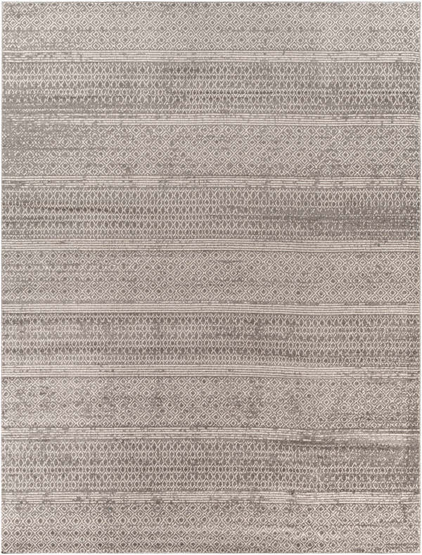 Close-up of the Mckinney Area Rug. Charcoal, light beige, and gray rug with a contemporary diamond and stripe pattern. Design-Rectangle-710103