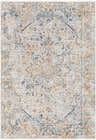 Close-up of the McKinlay Luxe Rug showcasing its traditional oriental pattern in cream, gray, brick red, and mustard tones. Design-Rectangle-575