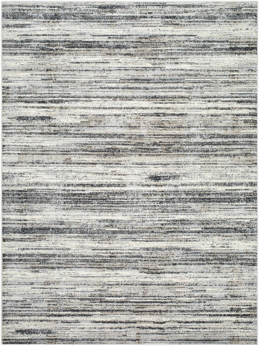 Close-up of Munya Area Rug's Southwestern design. Charcoal, cream, gray, and peach horizontal stripes. Machine woven texture. Design-Rectangle-537