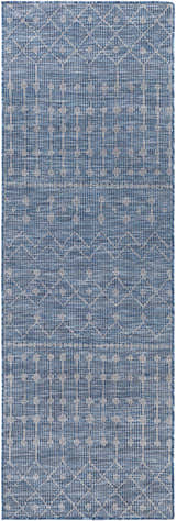 Close-up of the Maddingley Flatweave Area Carpet. Blue and dark blue geometric pattern, machine woven texture. Design-Runner