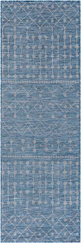 Close-up of Maddingley Flatweave Area Carpet. Blue and dark blue rug with a contemporary geometric pattern. Design-Runner-2773
