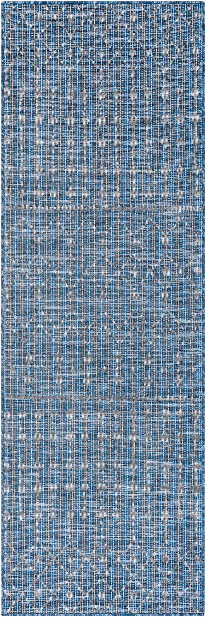 Close-up of Maddingley Flatweave Area Carpet. Blue and dark blue rug with a contemporary geometric pattern. Design-Runner-2773