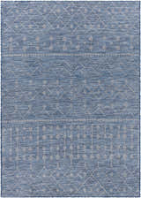 Close-up of Maddingley Flatweave Area Carpet with blue and dark blue geometric pattern. Contemporary style. Design-Rectangle-537