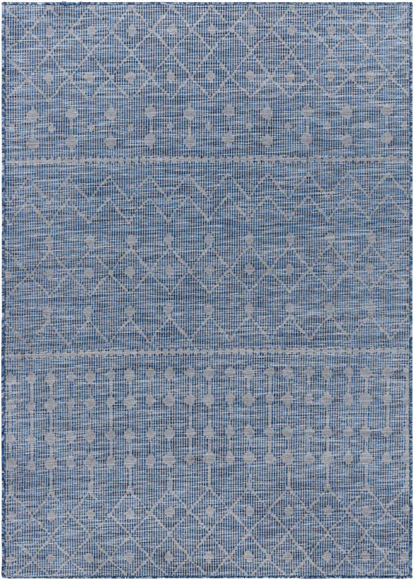 Close-up of Maddingley Flatweave Area Carpet with blue and dark blue geometric pattern. Contemporary style. Design-Rectangle-537