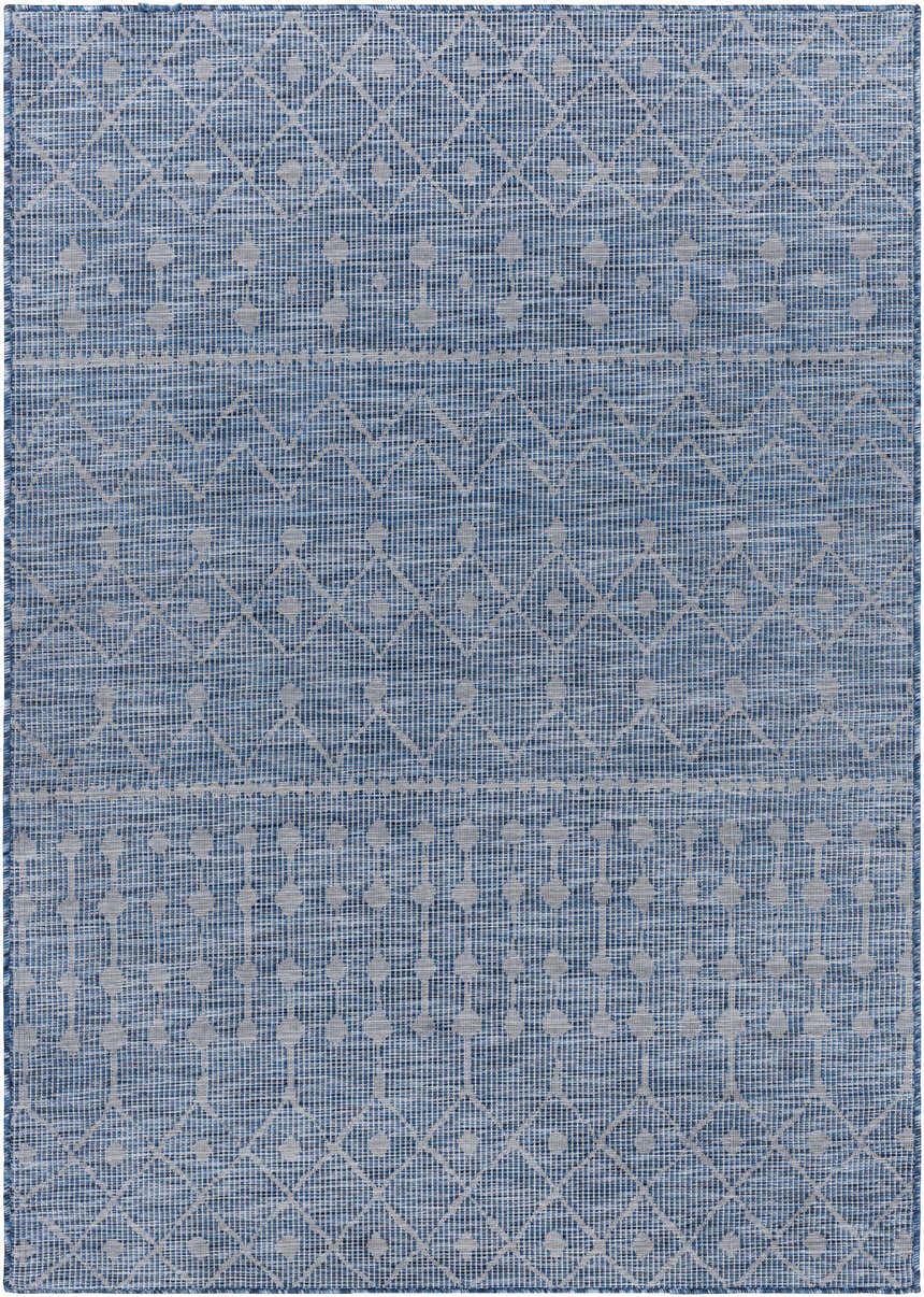 Close-up of Maddingley Flatweave Area Carpet with blue and dark blue geometric pattern. Contemporary style. Design-Rectangle-537