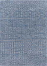 Close-up of Maddingley Flatweave Area Carpet with blue and dark blue geometric pattern. Contemporary style. Design-Rectangle-537