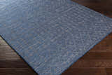 Close-up of Maddingley Flatweave Area Carpet in blue and dark blue with a geometric pattern on dark wood flooring. Corner