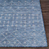 Close-up of the blue Maddingley Flatweave Area Carpet showing its geometric design and flatweave texture. Front