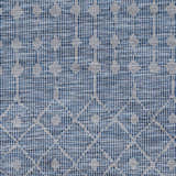 Close-up of the Maddingley Flatweave Area Carpet. Features a blue geometric pattern on a textured flatweave. Swatch