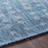 Close-up of the Maddingley Flatweave Area Carpet. Blue and light blue woven pattern on dark wood floors. Texture