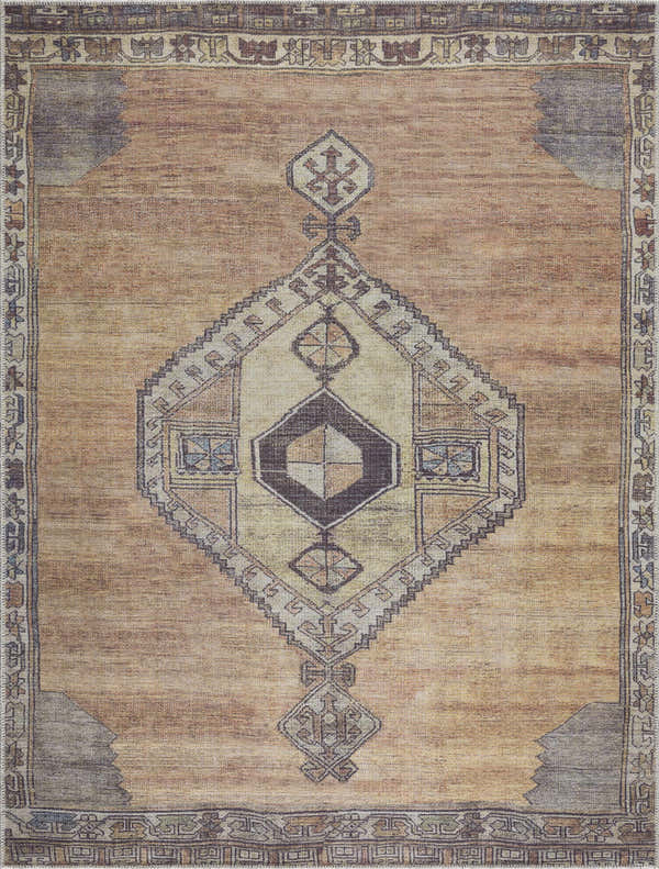 Close-up of the Medinah Washable Area Rug. Features a traditional oriental pattern in brown, camel, ivory, and dark brown. Design-Rectangle-537