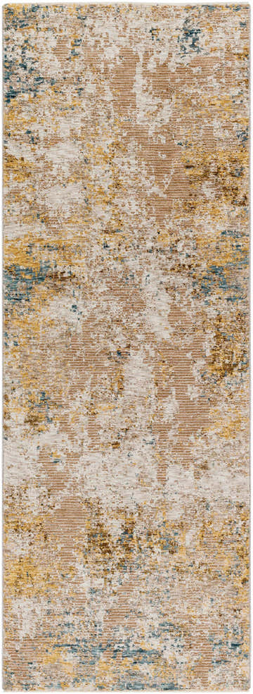 Close-up of the Meads Abstract Mustard Luxe Rug. Features cream, denim, mustard, and tan colors in an abstract pattern. Design-Runner-2773
