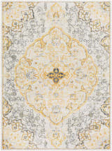 Close-up of the Mehoopany Area Rug featuring a traditional, floral-inspired pattern in burnt orange, mustard, and navy on a light beige background. Design-Rectangle-537