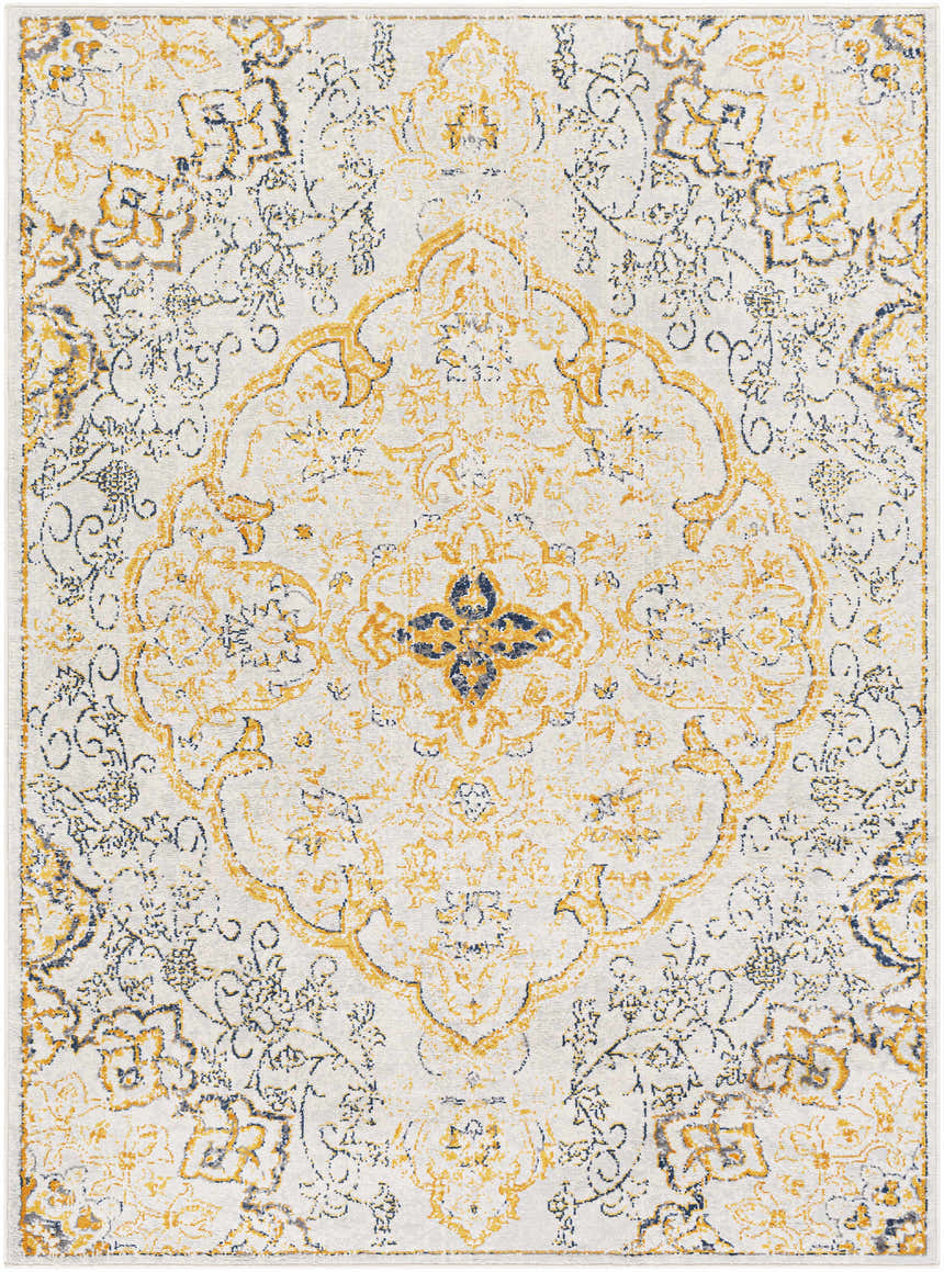 Close-up of the Mehoopany Area Rug featuring a traditional, floral-inspired pattern in burnt orange, mustard, and navy on a light beige background. Design-Rectangle-537