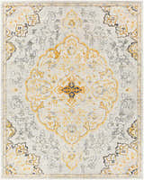 Close-up of the Mehoopany Area Rug. Light beige rug with burnt orange, mustard, and navy floral and medallion design. Design-Rectangle-71010