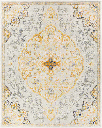 Close-up of the Mehoopany Area Rug. Light beige rug with burnt orange, mustard, and navy floral and medallion design. Design-Rectangle-71010