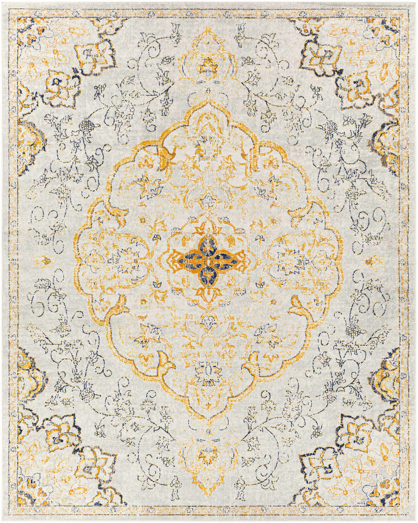 Close-up of the Mehoopany Area Rug. Light beige rug with burnt orange, mustard, and navy floral and medallion design. Design-Rectangle-71010