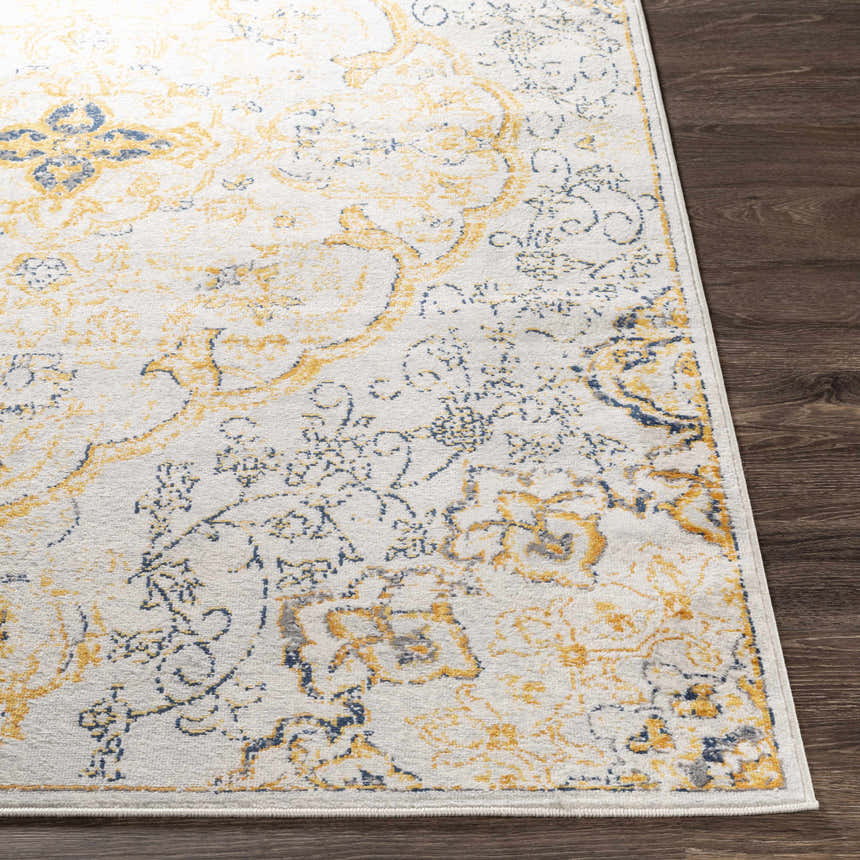 Close-up of the Mehoopany Area Rug showing its light beige base with burnt orange, mustard, and navy bohemian design. Front