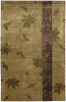 Close-up of the Melcroft Area Rug. Beige rug with leaf pattern and dark purple floral stripe. Hand-knotted wool texture. Design-Rectangle-58