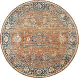 Close-up of round Mele Area Rug. Traditional floral pattern in burnt orange, dark brown, and blue. Farmhouse style. Design-Round-53