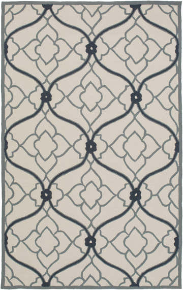 Close-up of the Menomonie Area Carpet. Hand-hooked rug with a light beige background and dusty sage and navy geometric pattern. Design-Rectangle-576