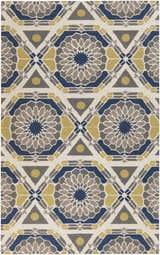 Close-up of the Mesena Area Rug, featuring a geometric pattern in ivory, light gray, navy, and tan. Design-Rectangle-58