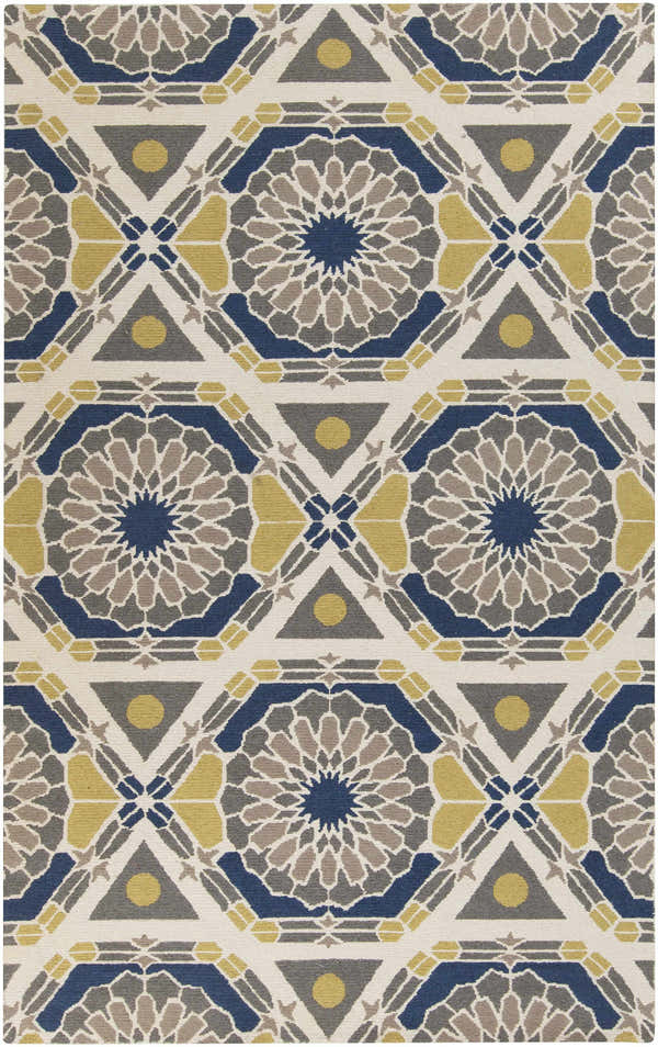 Close-up of the Mesena Area Rug, featuring a geometric pattern in ivory, light gray, navy, and tan. Design-Rectangle-58