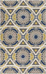Close-up of the Mesena Area Rug, featuring a geometric pattern in ivory, light gray, navy, and tan. Design-Rectangle-58