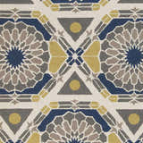 Close-up of the Mesena Area Rug. Ivory wool rug with a geometric pattern in navy, light gray, and tan. Hand-knotted texture. Swatch