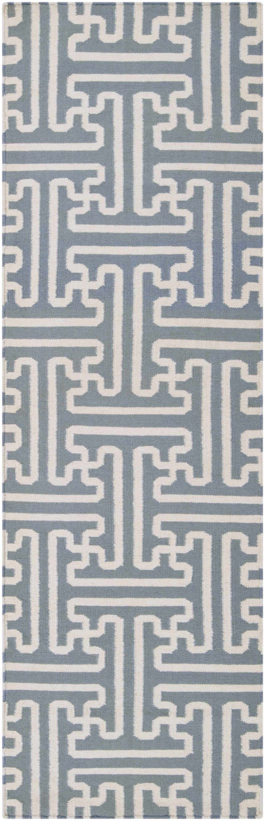 Close-up of the hand woven Metuchen Area Rug. Light beige and light blue geometric pattern. 100% wool texture. Design-Runner-268