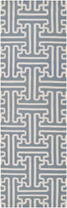 Close-up of the hand woven Metuchen Area Rug. Light beige and light blue geometric pattern. 100% wool texture. Design-Runner-268