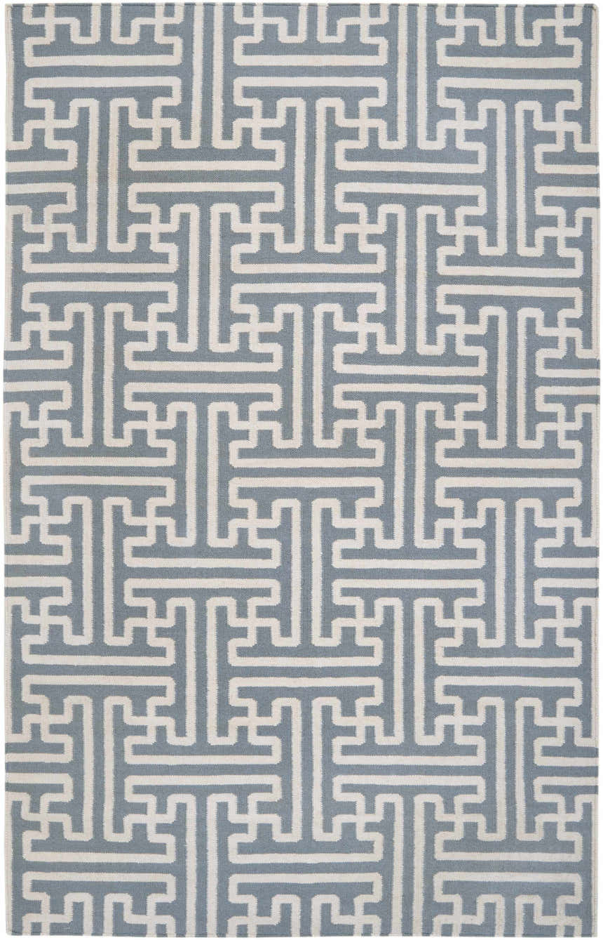 Close-up of the hand woven Metuchen Area Rug. Light beige and light blue geometric pattern. Design-Rectangle-58