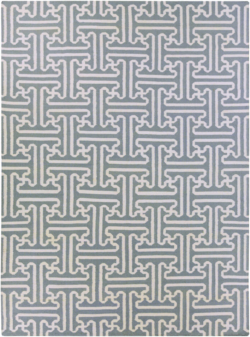 Close-up of Metuchen Area Rug. Light beige and light blue geometric T-pattern, hand woven wool texture. Design-Rectangle-811