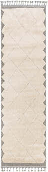 Close-up of the Metzger Area Rug. Beige rug with a subtle diamond pattern and charcoal gray zig-zag border with tassels. Design-Runner-21010