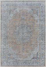 Mianay Washable Area Rug, a vintage-style rug in beige, blue, and gray with a traditional oriental pattern. Design-Rectangle-5373
