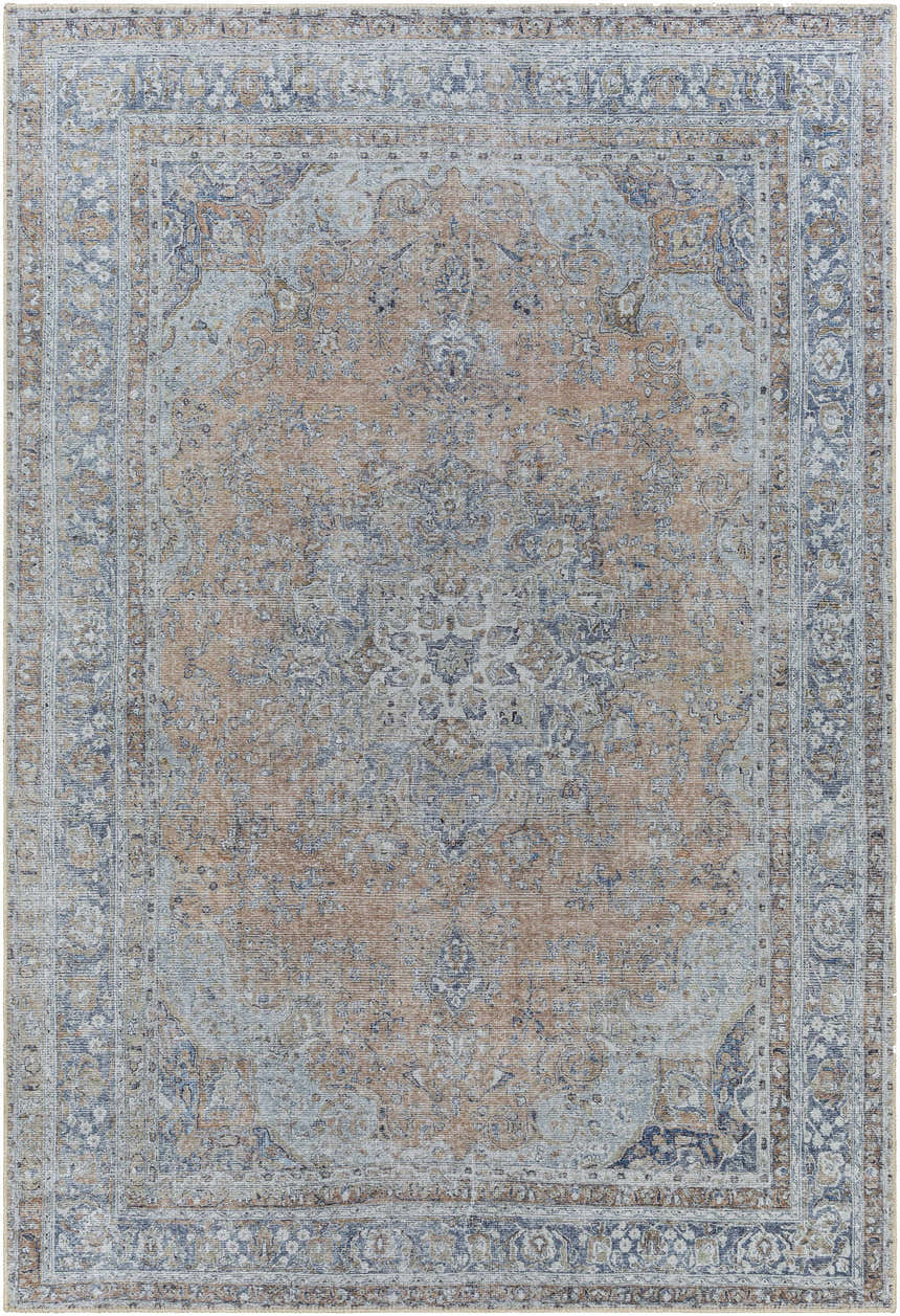 Mianay Washable Area Rug, a vintage-style rug in beige, blue, and gray with a traditional oriental pattern. Design-Rectangle-5373