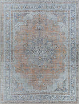 Detailed view of the Mianay Washable Area Rug featuring a vintage oriental design in beige, blue, and gray tones. Design-Rectangle-71010