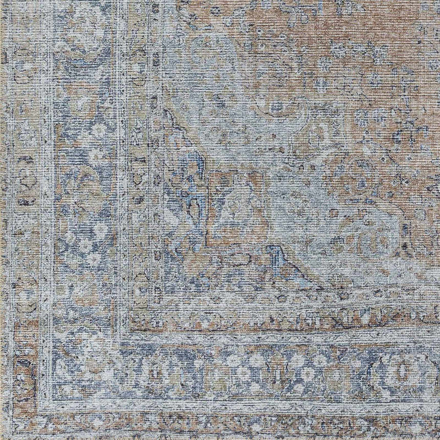 Close-up of the Mianay Washable Area Rug. Features a traditional, vintage-inspired pattern in beige, blue, and light gray tones. Swatch