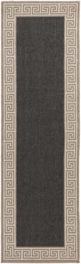 Close-up of the Michael Area Rug. Dark gray rug with a Greek key border in beige and cream. Design-Runner-2379