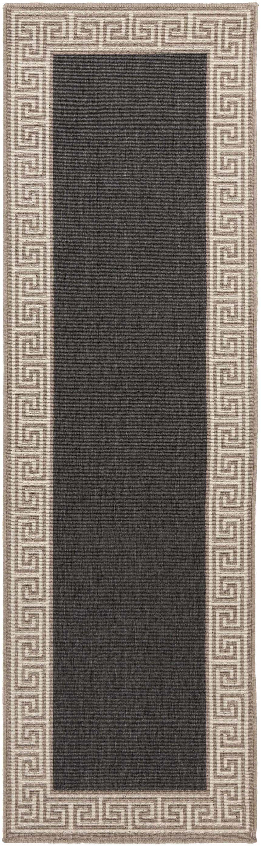 Close-up of the Michael Area Rug. Dark gray rug with a Greek key border in beige and cream. Design-Runner-2379