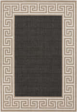 Close-up of the Michael Area Rug. Charcoal center with a geometric Greek key border in beige and off-white. Design-Rectangle-5376