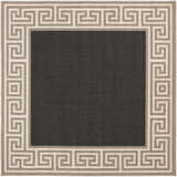Close-up of the Michael Area Rug. Features a gray center and a Greek key border in beige and taupe. Design-Square-73