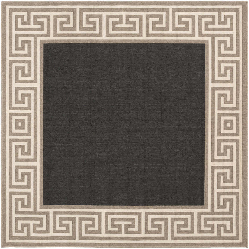 Close-up of the Michael Area Rug. Features a gray center and a Greek key border in beige and taupe. Design-Square-73