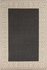 Close-up of Michael Area Rug featuring a dark gray center and Greek key border in beige and ivory. Design-Rectangle-76109